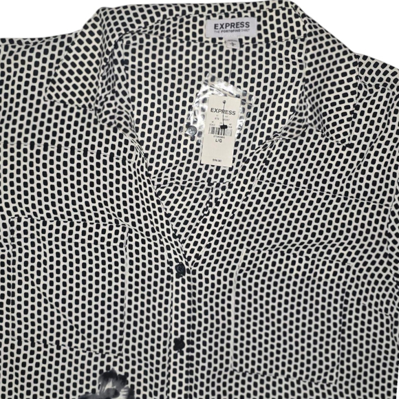 VTG Women's Express Button-Up Shirt Size LG White Black Polka Dot Blue Floral - Picture 2 of 4